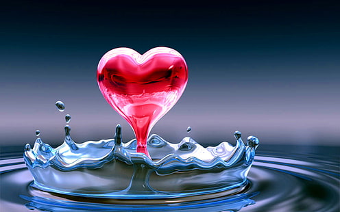 Blaues Wasser und ein rosa Liebes-Herz, rotes Herz auf digitaler Tapete der Wasserkräuselung, Liebe, Blau, Rosa, Wasser, Herz, HD-Hintergrundbild HD wallpaper