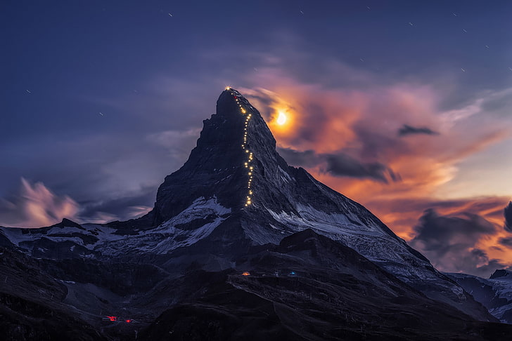montanha preto e branca, o céu, nuvens, luz, neve, montanhas, noite, luzes, o vento, a lua, montanha, Matterhorn, Os Alpes Pennine, o cume é 4478 metros, HD papel de parede