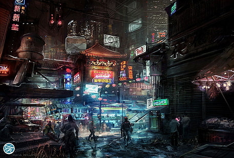cyberpunk, digital art, science fiction, futuristic city, Asian architecture, signs, futuristic, city, HD wallpaper HD wallpaper