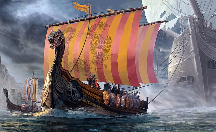 рисунок, фэнтези арт, лодка, война, викинги, драккар, HD обои
