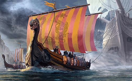 drawing, fantasy art, boat, war, Vikings, drakkar, HD wallpaper HD wallpaper
