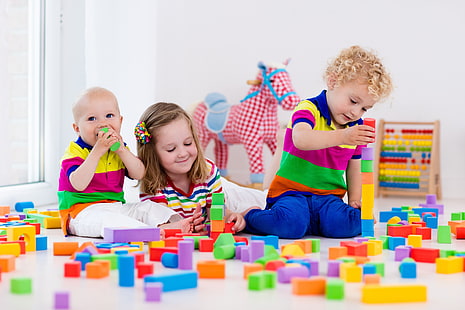  children, the game, colorful, designer, toy, blocks, playing, Kids, HD wallpaper HD wallpaper