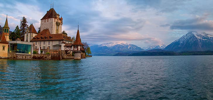 mountains, lake, castle, Switzerland, Alps, Lake Thun, Oberhofen Castle, Oberhofen am Thunersee, HD wallpaper