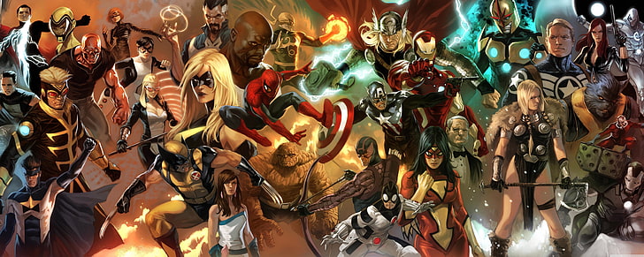 Иллюстрация супергероев, Marvel Comics, Железный человек, Человек-паук, Росомаха, Капитан Америка, Тор, HD обои