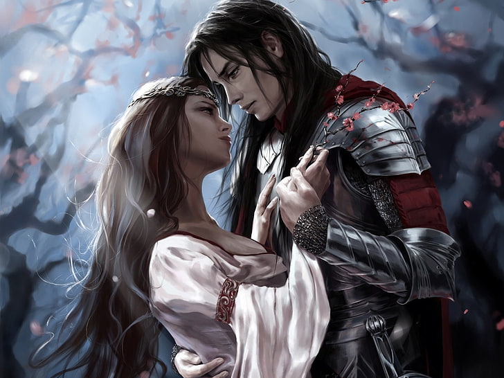woman and man holding hands fictional wallpaper, Fantasy, Love, Armor, Couple, Knight, Man, Woman, HD wallpaper