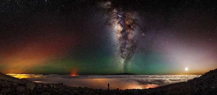 milky way, landscape, nature, Milky Way, volcano, clouds, starry night, Hawaii, lights, mist, long exposure, panoramas, space, galaxy, HD wallpaper