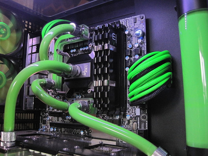 เมนบอร์ดคอมพิวเตอร์สีดำและสีเขียวคอมพิวเตอร์หน้าต่างระบายความร้อนด้วยน้ำ, วอลล์เปเปอร์ HD