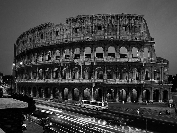 town, lights, Rome, ruin, architecture, photography, road, Colosseum, monochrome, HD wallpaper