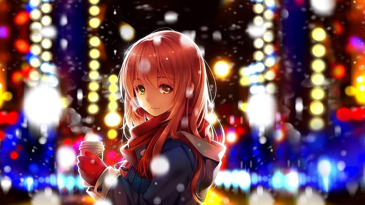 coffee, winter, lights, anime, scarf, original characters, anime girls, manga, snow, HD wallpaper