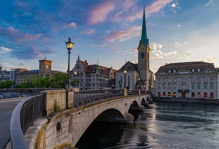 sunset, bridge, the city, river, building, tower, home, the evening, Switzerland, lights, Church, spire, Zurich, Limmat, HD wallpaper