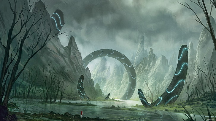 portal on river digital wallpaper, fantasy art, artwork, Tapety HD