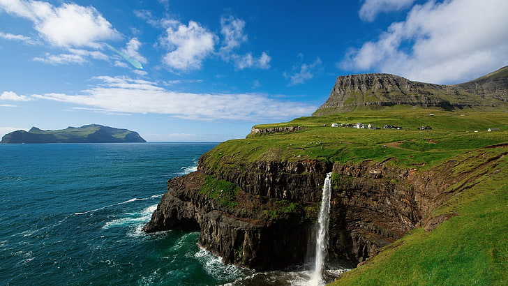 photograph of waterfalls rushing onto sea, landscape, waterfall, cliff, HD wallpaper