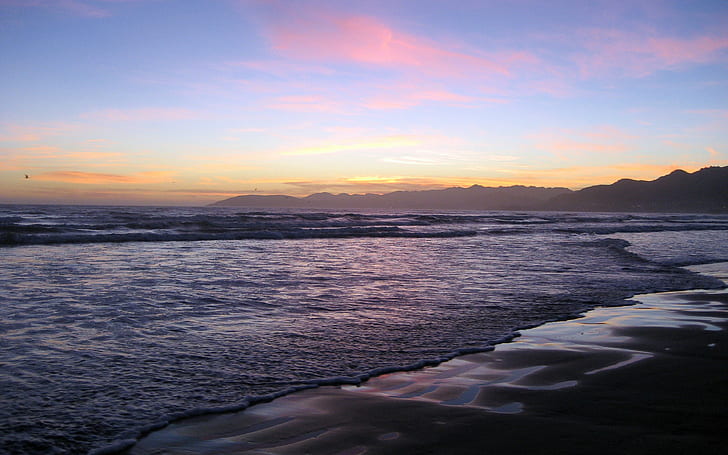 naturaleza, paisaje, playa, puesta de sol, olas, mar, agua, costa, Fondo de pantalla HD