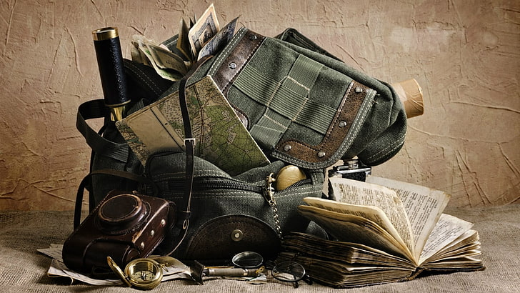 green duffel bag, adventurers, map, backpacks, books, HD wallpaper