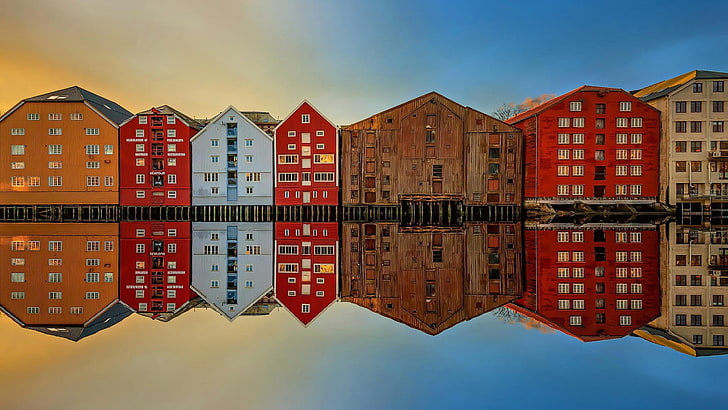 отражение, сграда, Трондхайм, река, HD тапет