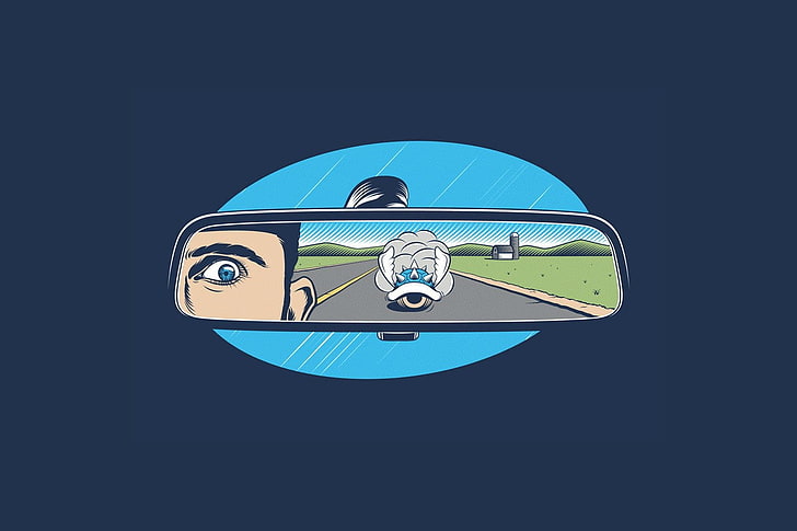 rear-view mirror illiustration, Mario Kart, blue shell, rearview mirror, minimalism, video games, artwork, HD wallpaper