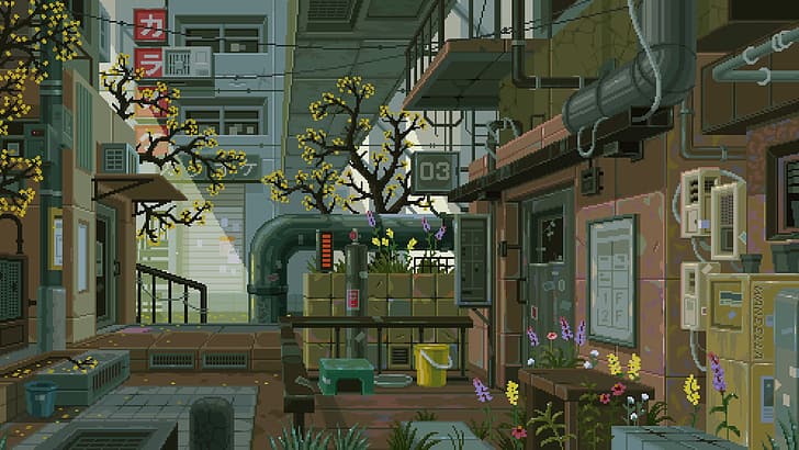 waneella, pixel art, ciudad, plantas, Fondo de pantalla HD