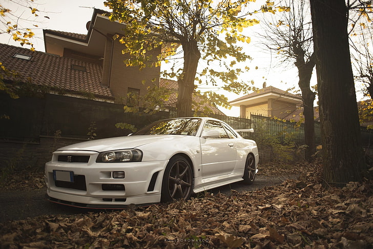 white Nissan GT-R coupe, white, turbo, wheels, skyline, japan, Nissan, jdm, tuning, gtr, front, r34, face, low, nismo, stance, datsun, stock, HD wallpaper