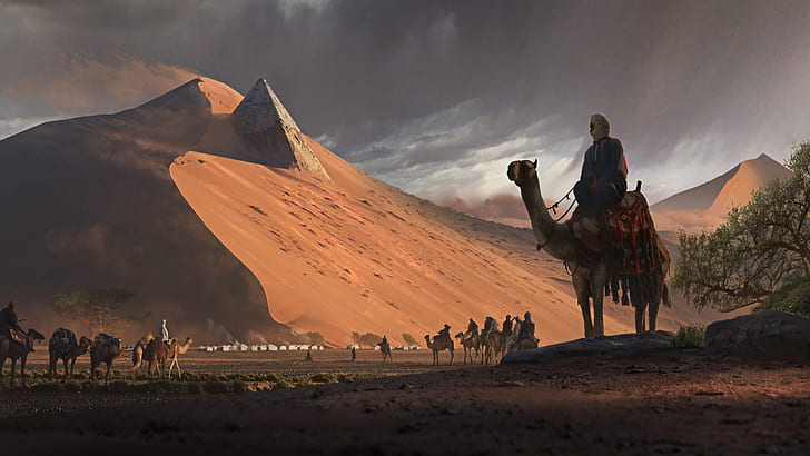 ファンタジー、風景、ラクダ、キャラバン、砂漠、砂丘、砂、 HDデスクトップの壁紙