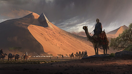 Фэнтези, Пейзаж, Верблюд, Караван, Пустыня, Дюна, Песок, HD обои HD wallpaper