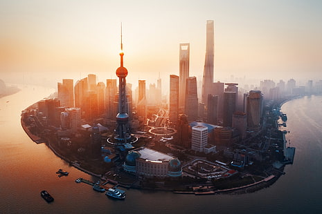 Miasta, Szanghaj, Budynek, Chiny, miasto, rzeka, wieżowiec, Tapety HD HD wallpaper