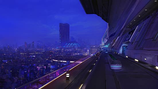 construção, calma, cidade, paisagem urbana, ambiente, futurista, néon, paisagem noturna, ficção científica, linha do horizonte, Tóquio, arte conceitual, cyberpunk, HD papel de parede HD wallpaper