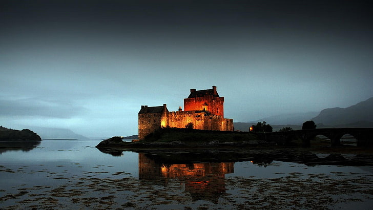 castle, eilean donan castle, night, twilight, great britain, scotland, historical, united kingdom, highlands, dusk, europe, HD wallpaper
