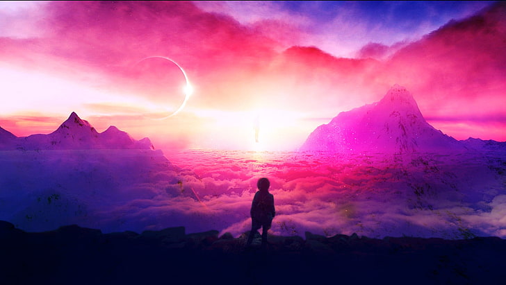 Silhouette der Person unter bewölktem Himmel, surreal, Raum, Sonnenuntergang, Sonnenfinsternis, Sonnenfinsternis, Berge, HD-Hintergrundbild