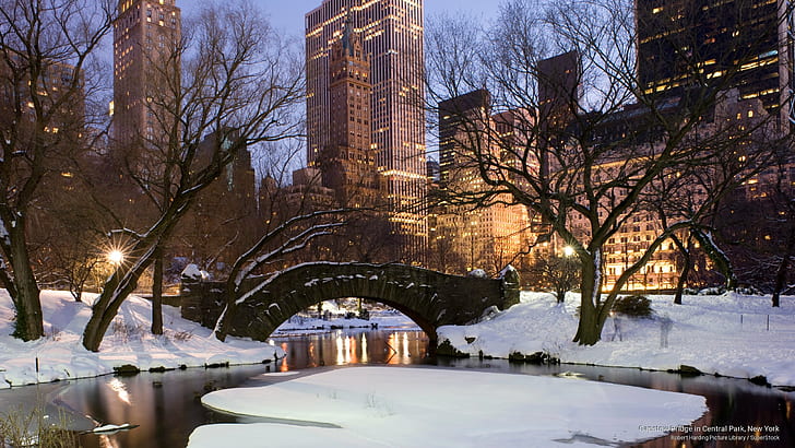 Pont Gapstow dans Central Park, New York, hiver, Fond d'écran HD