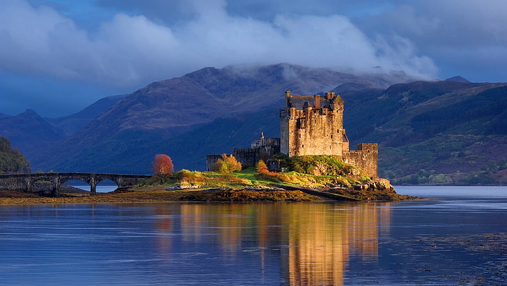 brown castle, Scotland, UK, Eilean Donan, castle, lake, mountains, bridge, landscape, HD wallpaper