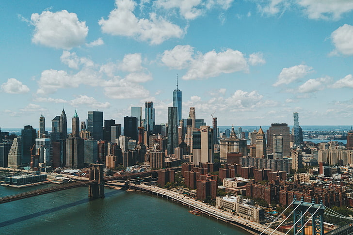 New York skyline, stad, skyskrapa, vatten, New York City, USA, Manhattan, HD tapet