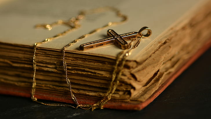 cross, book, decoration, chain, religion, page, vintage, faith, old, The Bible, Orthodoxy, Christianity, HD wallpaper