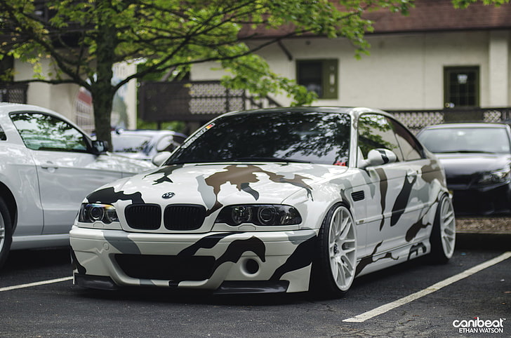 white, brown, and gray camouflage BMW E39 coupe, tuning, white, camouflage, drives, bmw m3, stance, HD wallpaper
