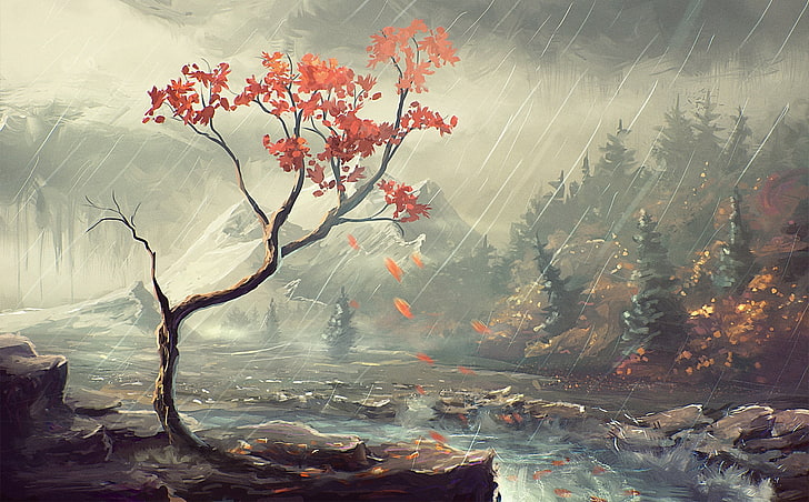 red leafed tree painting, autumn, forest, trees, river, rain, shore, art, HD wallpaper