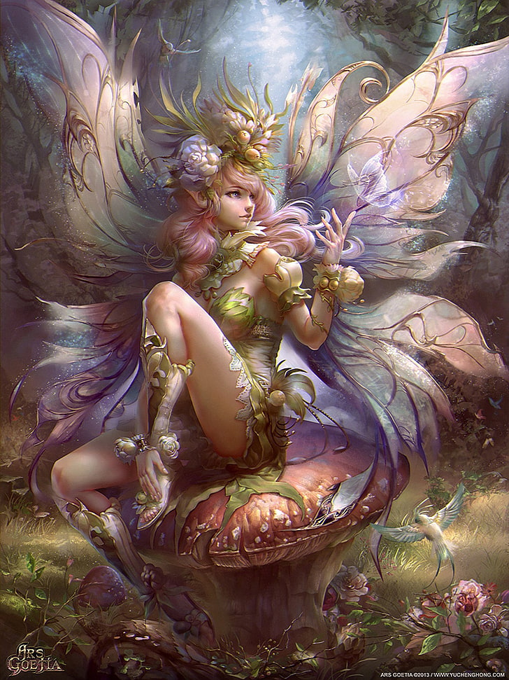 bird, fairy, fantasy, flower, forest, girl, tree, wings, HD wallpaper