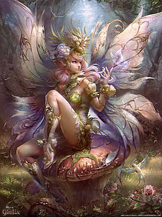 bird, fairy, fantasy, flower, forest, girl, tree, wings, HD wallpaper HD wallpaper