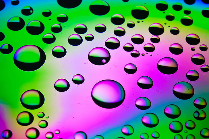 iridescent droplets, Water, iridescent, droplets, close-up, drops, macro, photoshop, studio, shot, макро, blebs, bubbles, colored, colour, coloured, texture, abstract, backgrounds, shiny, drop, pattern, HD wallpaper