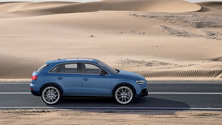 син SUV, Audi Q3, сини автомобили, пустиня, път, кола, превозно средство, HD тапет