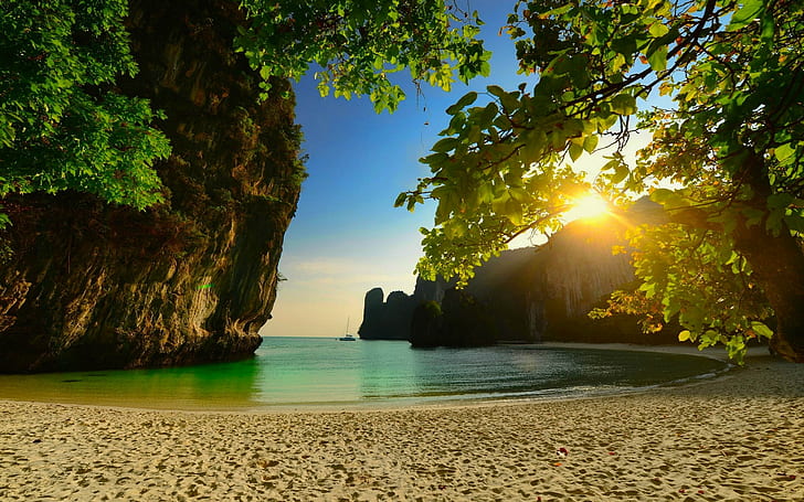 Природа, Плаж, Тайланд, залез, остров, море, пясък, дървета, варовик, скала, природа, плаж, Тайланд, залез, остров, море, пясък, дървета, варовик, скала, HD тапет