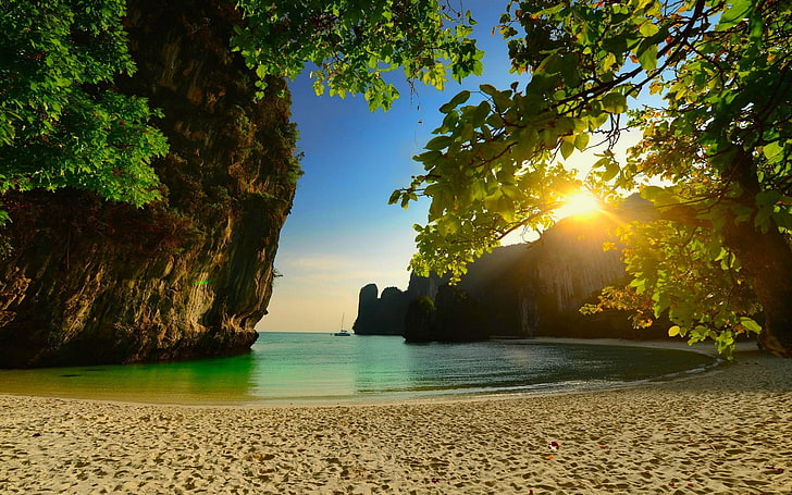 green leafed plants, white seashore near rock formation under green leaf tree at golden hour, nature, landscape, beach, Thailand, sunset, island, sea, sand, tropical, trees, limestone, rock, HD wallpaper