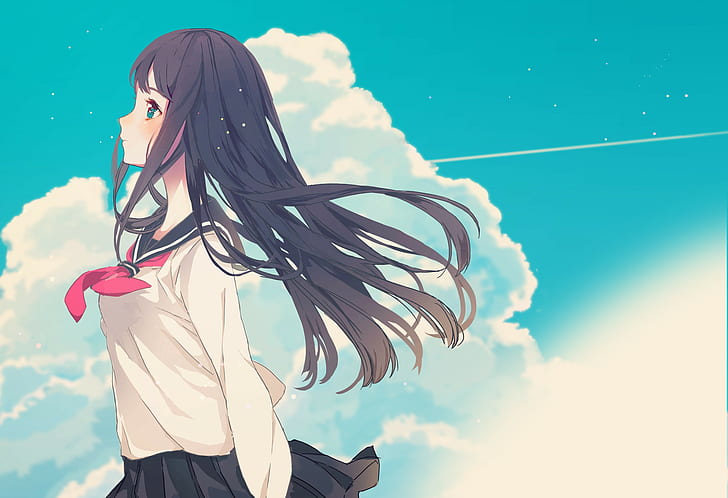 Anime, Anime Girls, langes Haar, Uniform, Schuluniform, wegsehen, brünett, originelle Charaktere, HD-Hintergrundbild