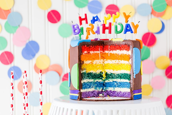 chocolate icing-covered Birthday cake, candles, cake, sweet, decoration, Happy, Birthday, HD wallpaper