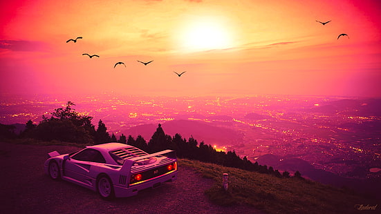 Gran Turismo, Gran Turismo Sport, Ferrari, Ferrari F-40, synthwave, voiture rétro, Grand Theft Auto Vice City, coucher de soleil, rose, Fond d'écran HD HD wallpaper