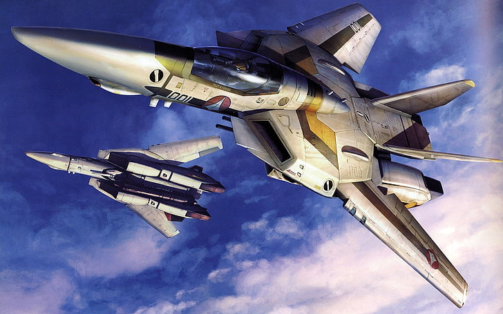 två grå stridsflygplan digital tapeter, jetfighter, militärflygplan, militär, flygplan, Macross, HD tapet