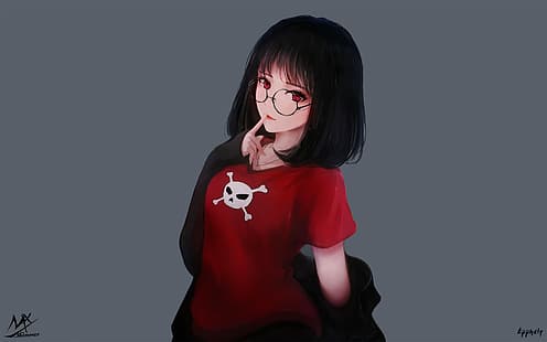 MXきらめき、アニメの女の子、メガネ、思考、頭蓋骨、頭蓋骨と骨、赤い目、赤い服、Tシャツ、黒い髪、 HDデスクトップの壁紙 HD wallpaper