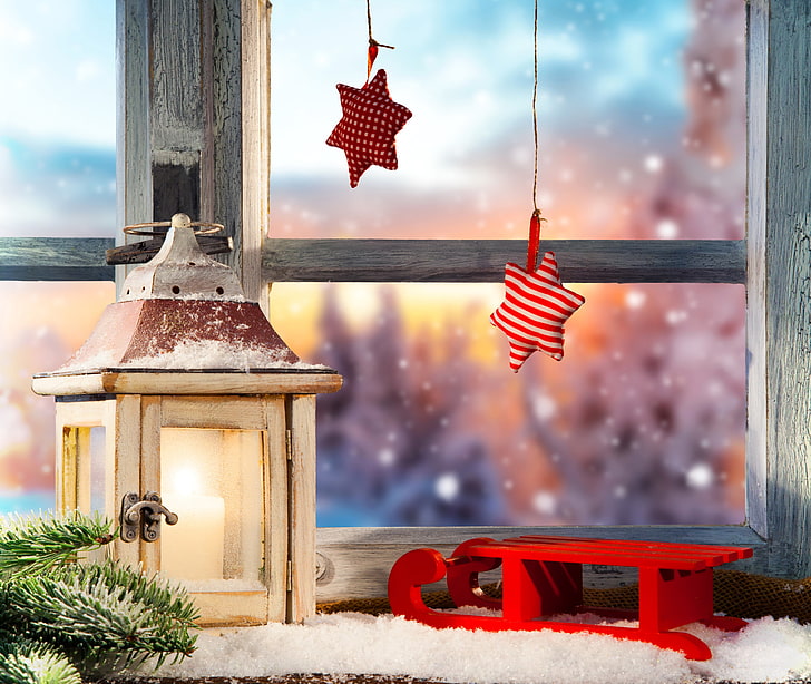 brown wooden lantern frame decor, winter, snow, tree, stars, window, lantern, New year, Christmas, sled, lamp, HD wallpaper
