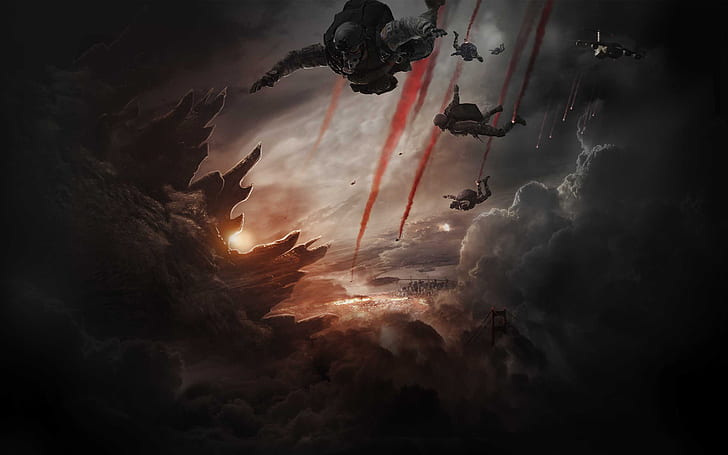 Película de Godzilla 2014, grupo de personas que realizan ilustración de paracaidismo, película, 2014, godzilla, Fondo de pantalla HD
