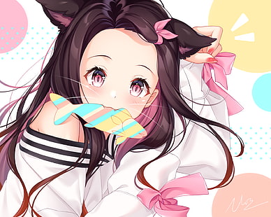  neko ears, anime girls, pink, ribbon, HD wallpaper HD wallpaper