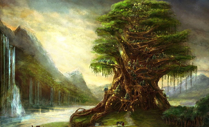 albero marrone e verde vicino a cascata sfondo digitale, fantasy art, alberi, Sfondo HD