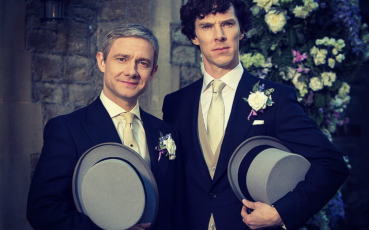 Sherlock at John Wedding, martin freeman and benedict cumberbatch, Sherlock, Benedict Cumberbatch, Sherlock Holmes, Martin man, HD wallpaper